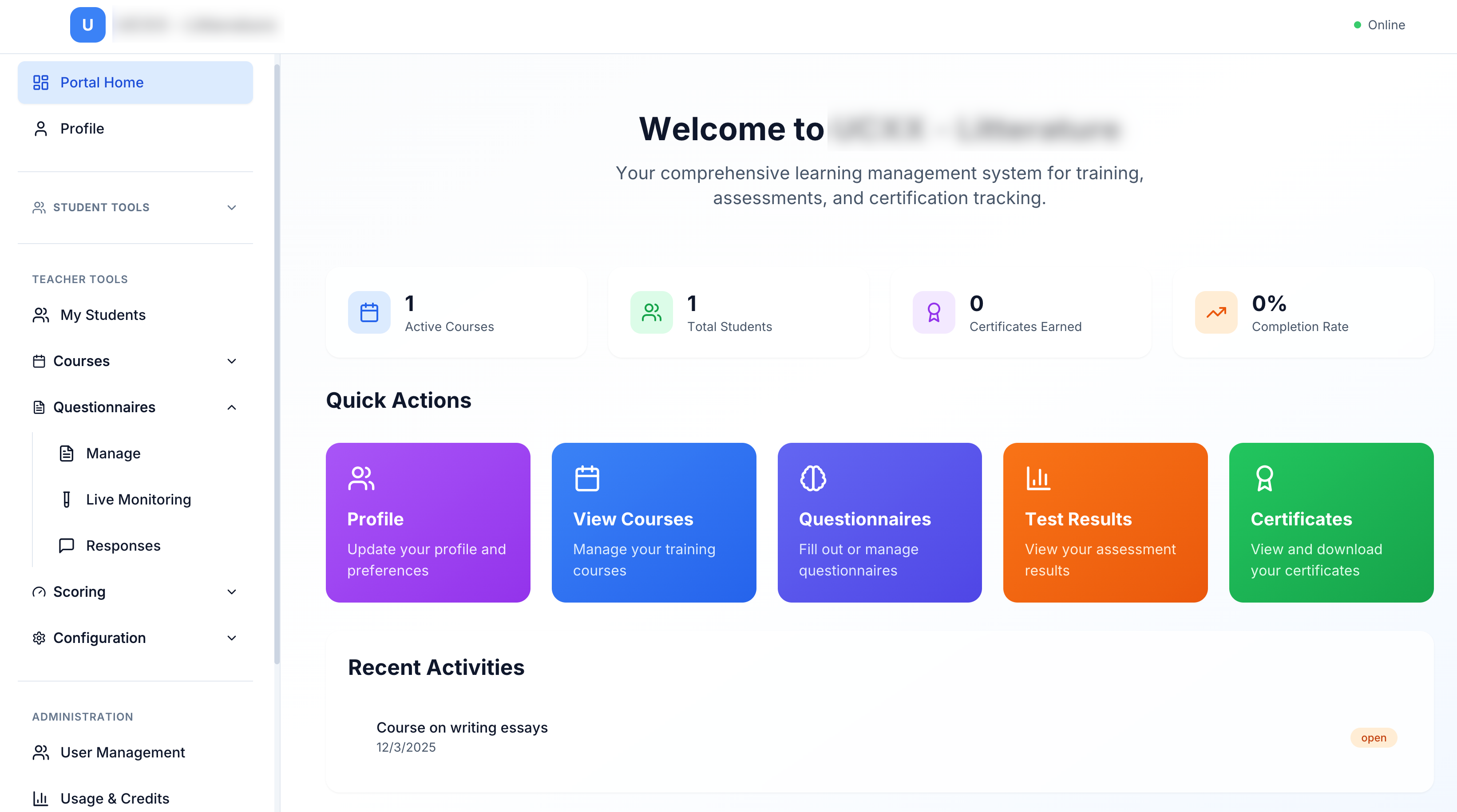 Class management dashboard showing courses, students, and assessments