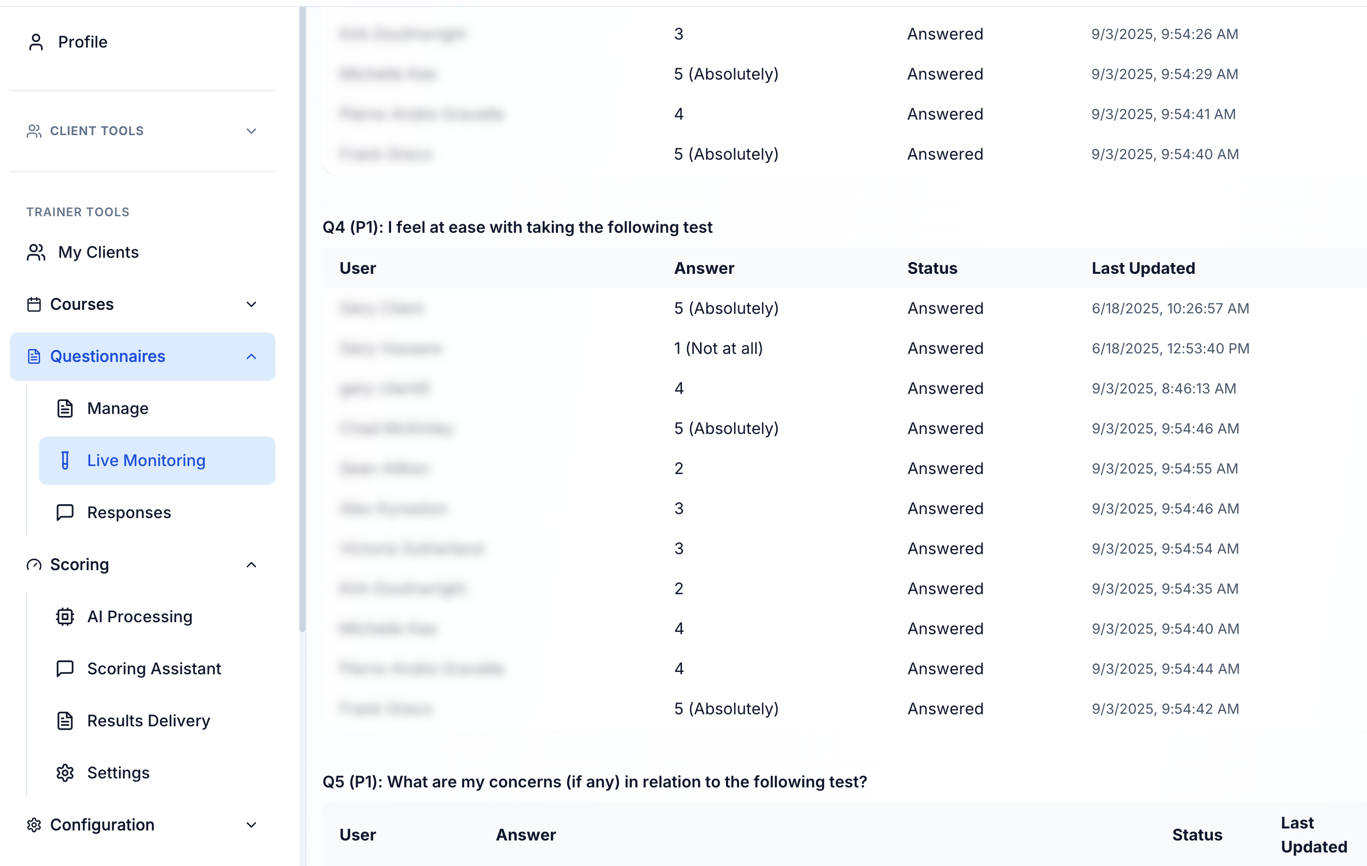 Live monitoring dashboard showing real-time student responses