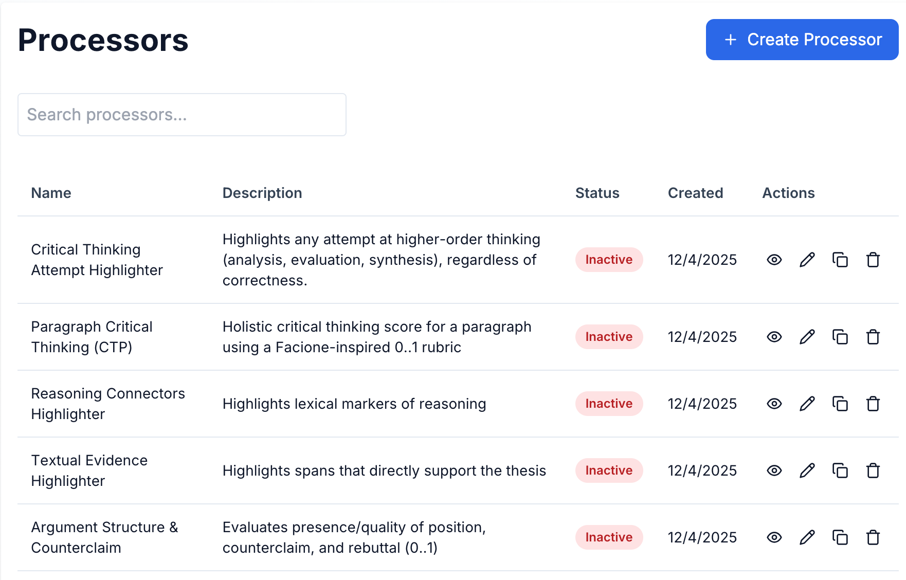 Rubric definition interface showing criteria and scoring